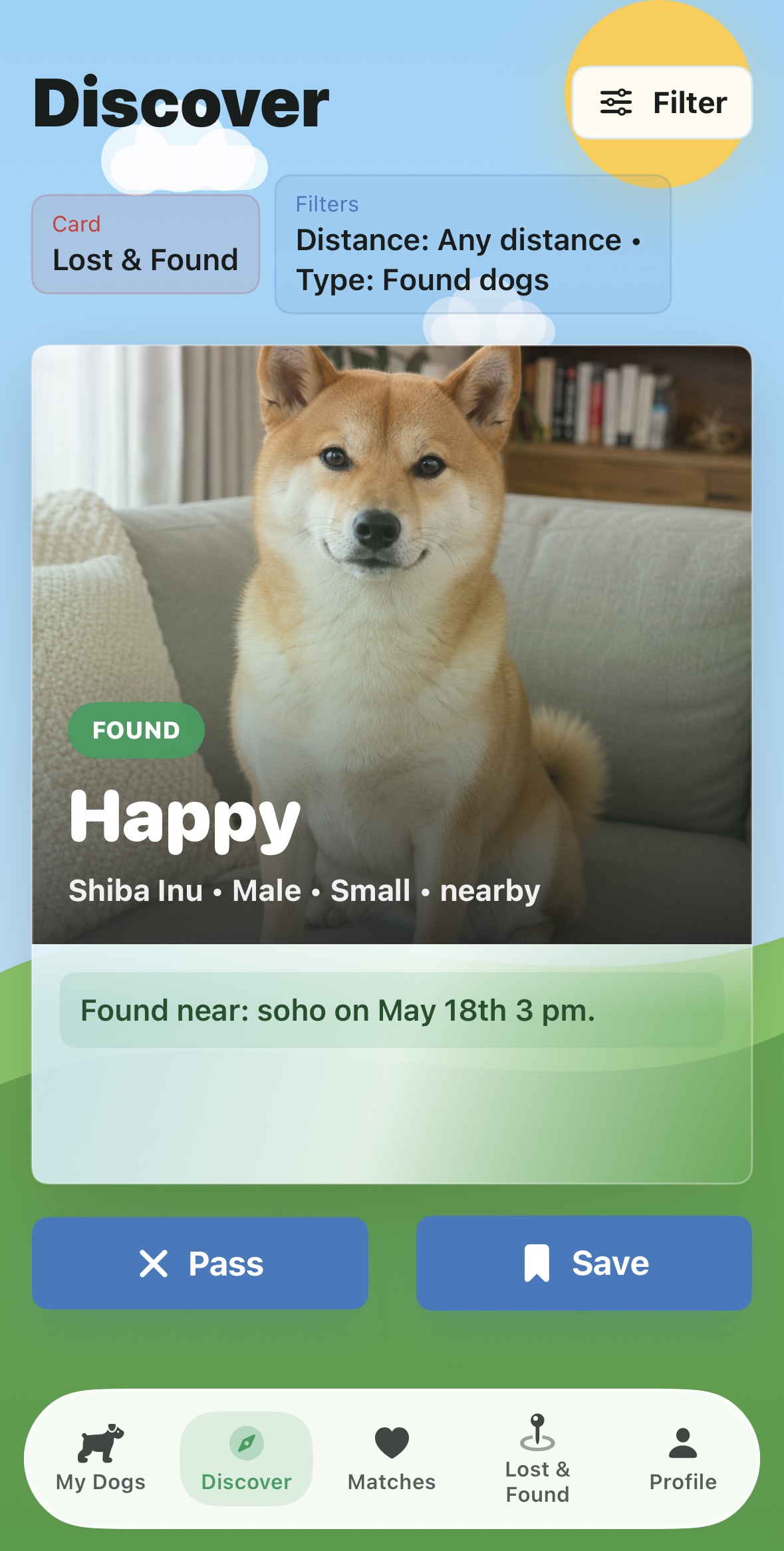Found dog discovery card for Happy