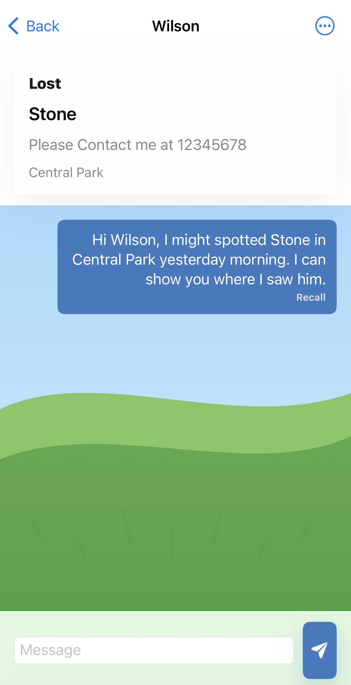 Lost and Found conversation screen for a spotted dog