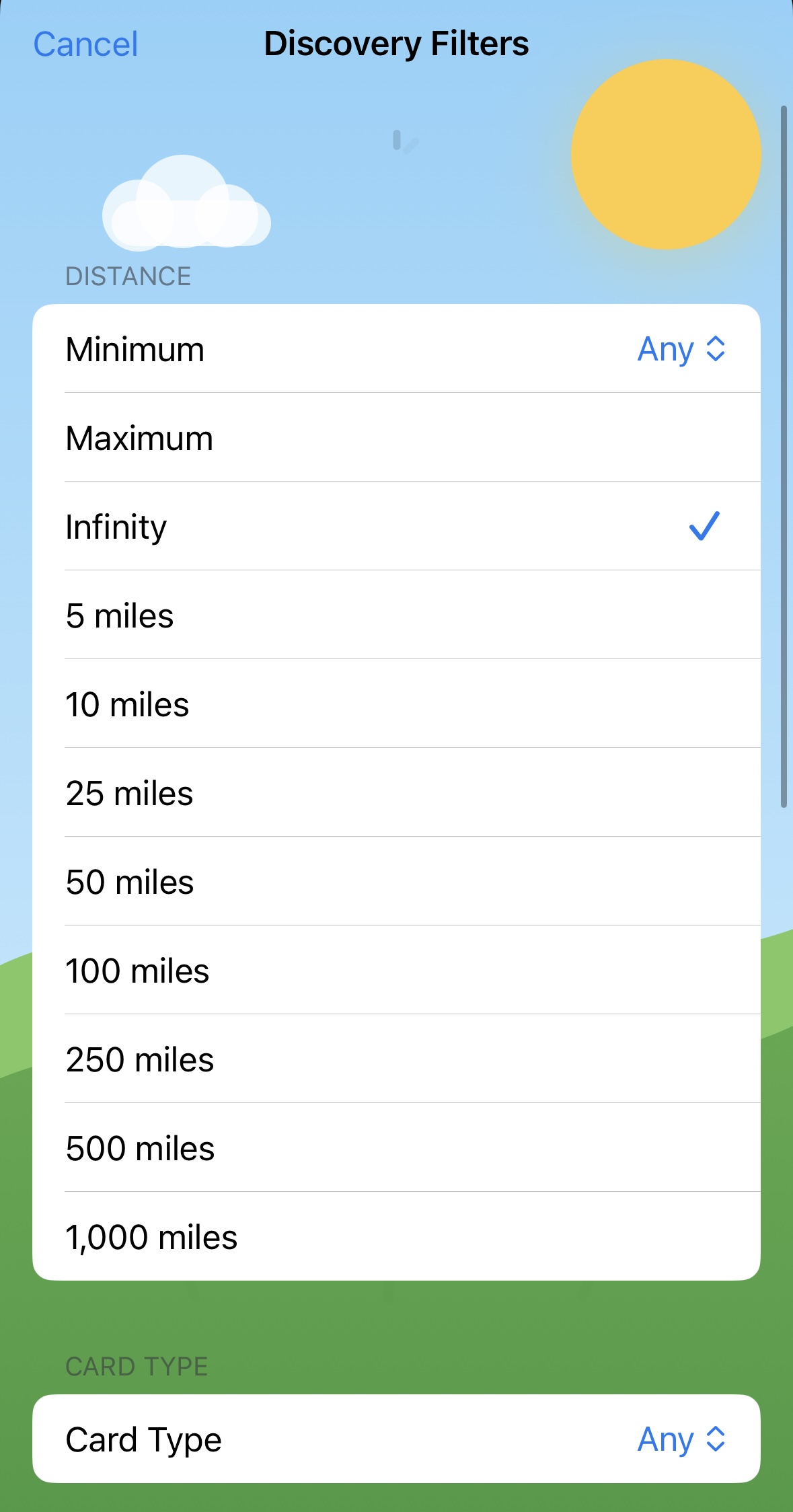 Discovery filters screen showing distance options