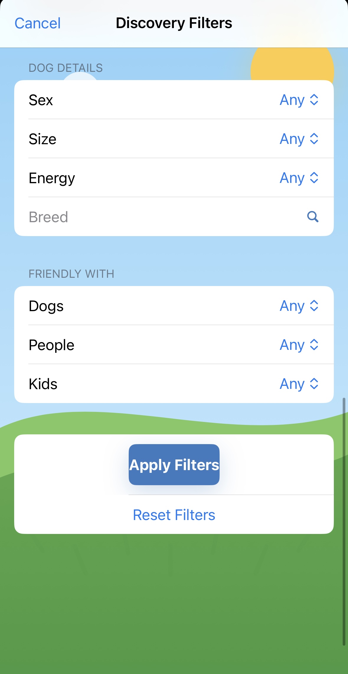 Discovery filters screen showing dog details and friendly filters
